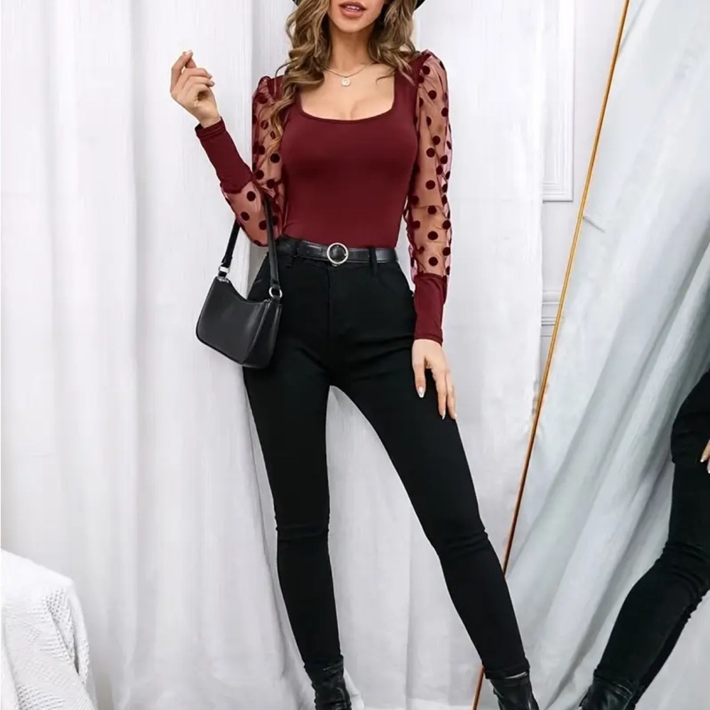 43. Elegant Burgundy Sheer Sleeve Top
